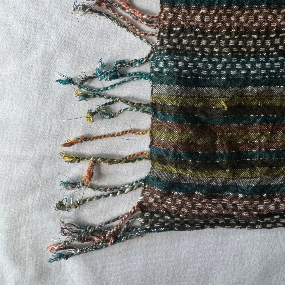 Striped Metallic Shimmer Fringe Shawl Scarf Green Brown Boho Chic Retro Artisan - Picture 3 of 8